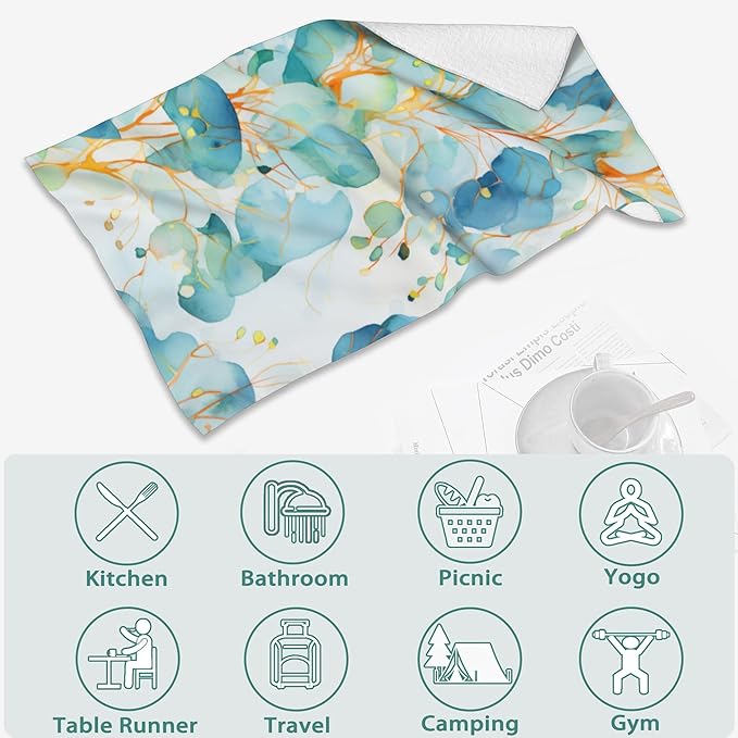 2 Pack Hand Bath Towel,Teal Eucalyptus Leaves Decorative Bath Towel Set,Fingertip Towel Bathroom Kitchen Highly Absorbent SPA Gym Towels 14x28 Inch