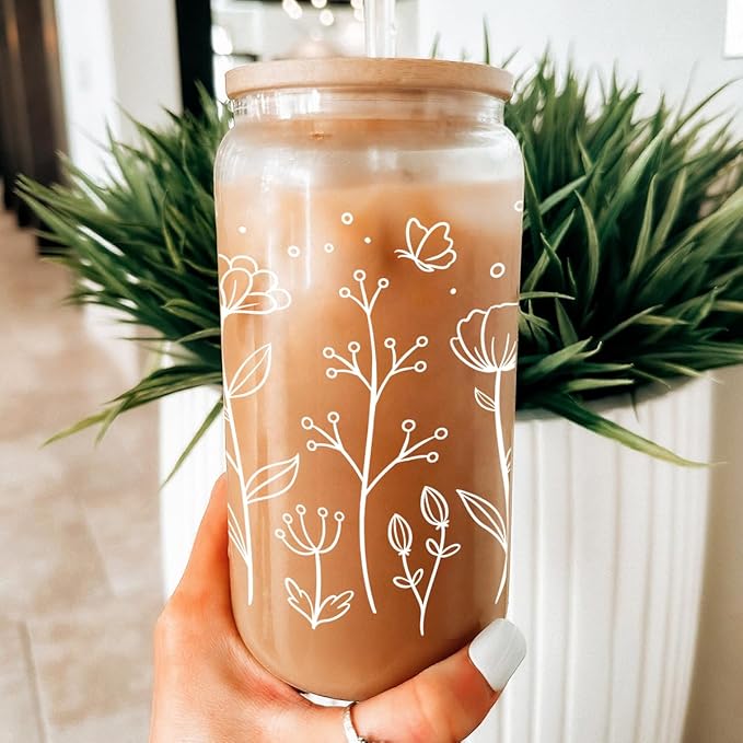SANDJEST Floral Cup 16 Oz Can Glass with Bamboo Lid and Straw - Flower Glass Cup Gifts for Women - Wildflower Drinking Coffee Gifts