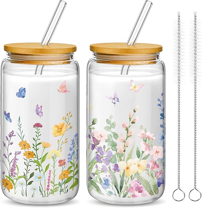 Mumufy Gift for Women Cute Glass Cup Tumbler Flower Iced Coffee Mugs 16 oz Glass with Bamboo Lid & Straw, Mothers Day Birthday Gift for Mom Sister Bridesmaid Baby Shower(2 Pack,Wild Flower1)