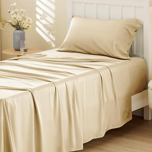 Bedsure Cooling Sheets Twin, Rayon Derived from Bamboo, Breathable & Soft Twin Sheets Set, Deep Pocket Up to 16 Inches, Hotel Luxury Silky Bedding for Hot Sleepers, Alabaster Gleam