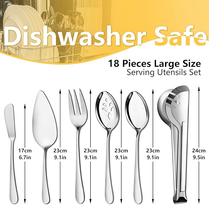 Pleafind 18-Piece Stainless Steel Utensil Set - Serving Spoons, Slotted Spoons, Forks, Tongs, Pie Server, Butter Knife for Parties & Banquets