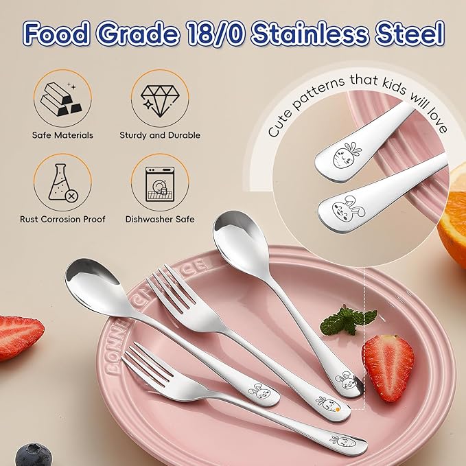 12 Pieces Stainless Steel Toddler Utensils Set - Food Grade Kids Silverware Set Children Safe Small Forks and Spoons Mirror Polished Sturdy and Durable Dishwasher Safe