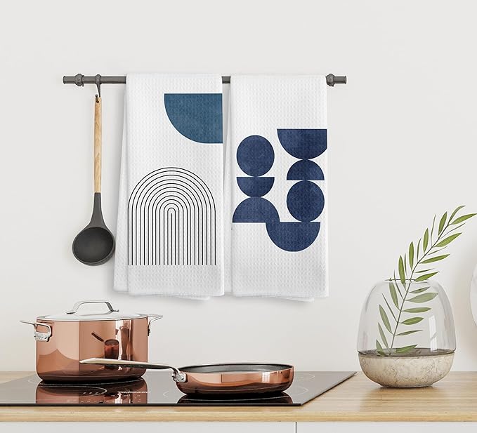 Boho Navy Blue Line Kitchen Towels and Dishcloths Set of 2, Boho Dish Towels, Bohemian Decorative Boho Blue Hand Towels for Bathroom Kitchen, 16×24 Inches