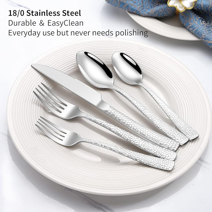 45-Piece Silverware Set with Serving Utensils Set, Silver Hammered Stainless Steel Flatware for 8, Food-Grade Tableware, Including Fork, Knife, Spoon Set, Home Kitchen Cutlery, Dishwasher Safe