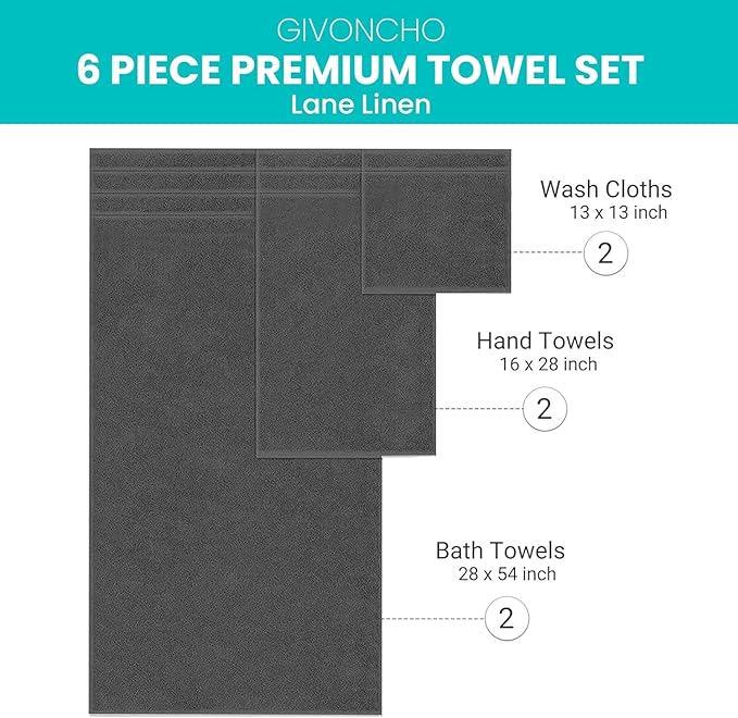 6-Piece 600 GSM Turkish Cotton Towel Set – Luxury Soft & Absorbent Bath Towels, Hand Towels & Washcloths – Premium Bathroom Essentials for Home, Guest Bath & Apartments