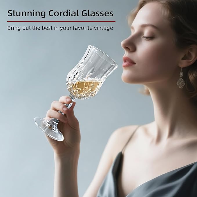 Wine Glasses Set of 12, 7.5Oz Crystal Clear Cordial Glasses with Stem, Vintage Embossed Cordial Glasses, Goblet Glassware for Wine, Whiskey, Liqueur, Perfect for Party, Wedding, Anniversary