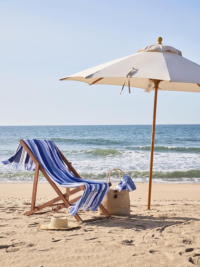 Laguna Beach Textile Co. Striped Cabana Beach Towel - Oversized, Plush 630 GSM Cotton - Bahama Blue