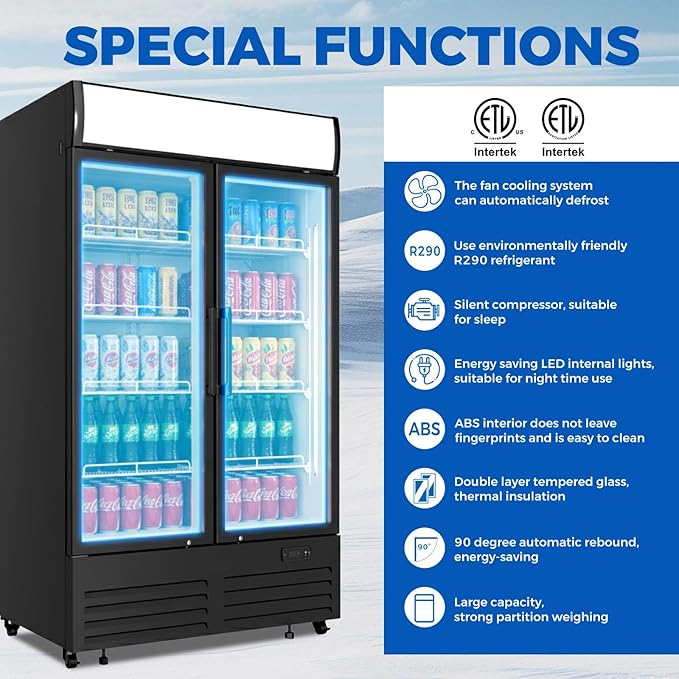 26 cu.ft Commercial Refrigerators with 2 Glass Door, Beverage Fridge with LED Light Display Upright Merchandiser, Drink Cooler with 8 Adjustable Shelves Black ETL Approved