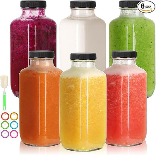 16 oz Glass Juice Bottles with Lids 6 Pack,Reusable Glass Drink Bottles,500ml Water Drinking Jars for Milk,Juicing,Kombucha,Ginger,Beverage Glassware,Juice Drinking Jars