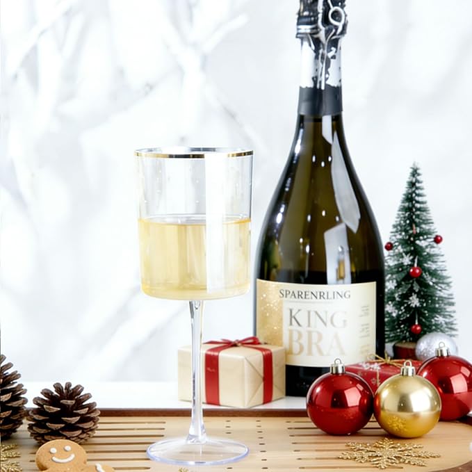 Ciaell 12 Pack Plastic Wine Glasses - 10 Oz Plastic Wine Glasses with Stem - Gold Rim Disposable Cups for Parties & Weddings & Poolside & Toasting & Outdoors & Christmas & New Year