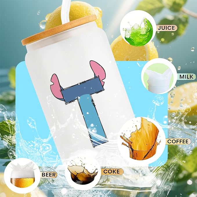 Cute Cartoon Lover Gifts Initial A-Z Personalized Iced Coffee Cup Cartoon Merch 16oz Glass Cup with Lid and Straws Birthday Christmas Gifts for Women Teen Girls Fans (Letter T)