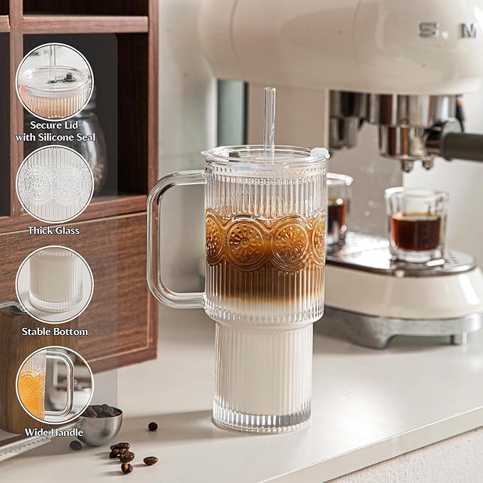 INSETLAN 26oz Ribbed & Floral Glass Tumblers with Handle and Lid, Set of 2 –Reusable Iced Coffee Cups with Straw, Glass Mugs for Water, Smoothies, Tea, and Juice – Ideal for Travel & Daily Use