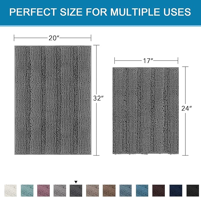 H.VERSAILTEX Grey Bathroom Rug Set Bath Mats, 2 Piece Bath Rugs Non Slip Thick Soft Chenille Striped Bath Rug Set, Bath Mats for Bathroom Sets (Grey, 20" x 32"/17" x 24")