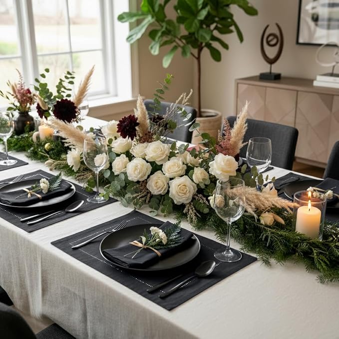 D'Moksha Homes Linen Placemats Set of 6 - Classic Hemstitch Black Placemats 14 x 19 Inch - 100% Pure Linen Table Mats for Winter, Holiday, New Year - Handcrafted and Machine Washable