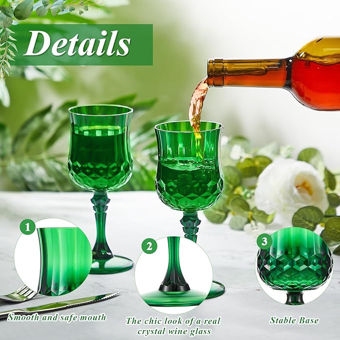 Pinkunn 50 Pcs 7 oz Plastic Vintage Wine Glasses Reusable Colored Goblets Patterned Drinking Water Glasses Cup Dishwasher Safe for Christmas Wedding Reception Party Supplies (Green)