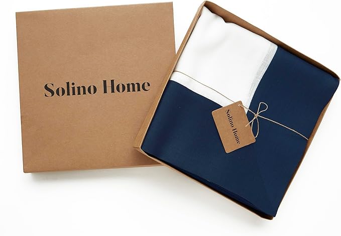 Solino Home Linen Tablecloth 60 x 90 Inch - 100% Pure Linen Navy and White Tablecloth for Rectangle Tables - Contempo, Machine Washable Table Cloth for Winter, New Year