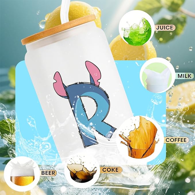Cute Cartoon Lover Gifts Initial A-Z Personalized Iced Coffee Cup Cartoon Merch 16oz Glass Cup with Lid and Straws Birthday Christmas Gifts for Women Teen Girls Fans (Letter R)
