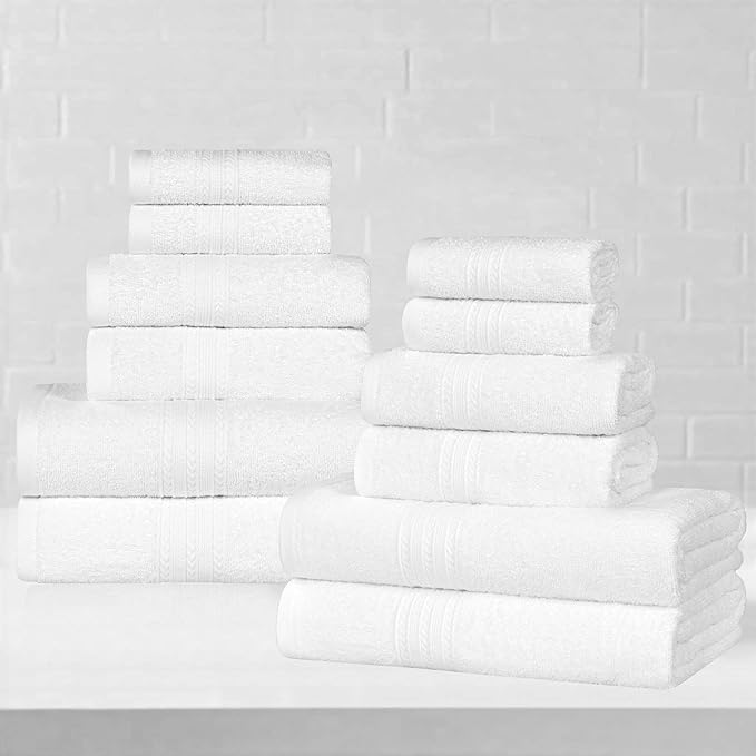 Superior Eco-Friendly Cotton 12-Piece Towel Set for Home, Dorm, Apartment Essentials, Absorbent, Fast Drying, Soft, Includes 4 Bath, 4 Hand, 4 Washcloths/Face Towels, Bathroom Basics, White