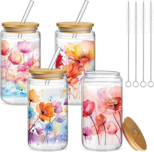 Mumufy 4 Pack 16 oz Watercolor Floral Glass Tumbler with Bamboo Lid & Straw, Colorful Garden Flower Iced Coffee Mug, Reusable Aesthetic Drinkware, Christmas/mother's Day/birthday Gift for Mom Sister