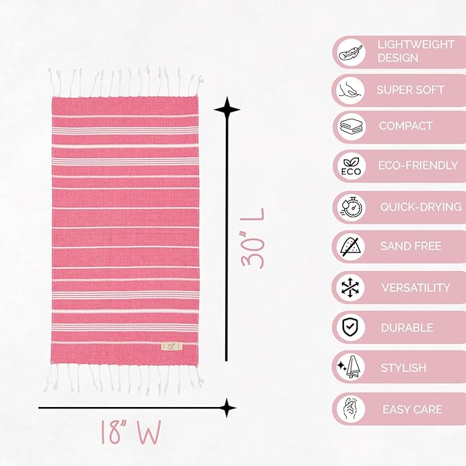 Turkish Hand Towels for Bathroom - Set of 2, 18" x 30" inches, Decorative Cotton Hand Towels for Kitchen, Bath, Guest, Face, Hair, Gym, Yoga, Dishcloth, Travel (Fushia)