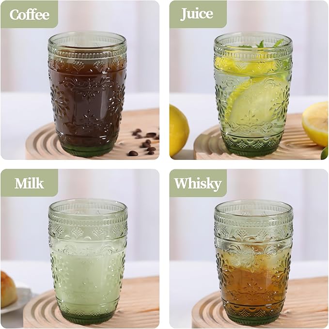 6Pcs 14OZ Drinking Glasses, Green Drinking Glasses, Colored Glassware Drinking, Highball Beverage Glasses Cup, Vintage Glassware Set for Water, Juice, Cocktail, Coffee