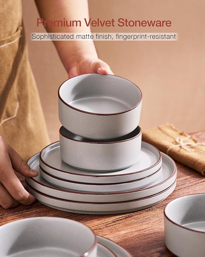 Famiware Nebula Ridge Stoneware Dinnerware Sets for 6, Plates and Bowls Sets, 18 Pieces Dishes Set, Microwave and Dishwasher Safe Kitchen Plates, Light Gray