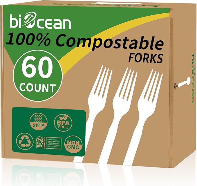 100% Compostable Forks 60 Count Disposable Forks Heavy Duty Utensils Set Fork Silverware Eco Friendly Flatware Plastic Free for Party Camping Picnics Wedding-Ivory White