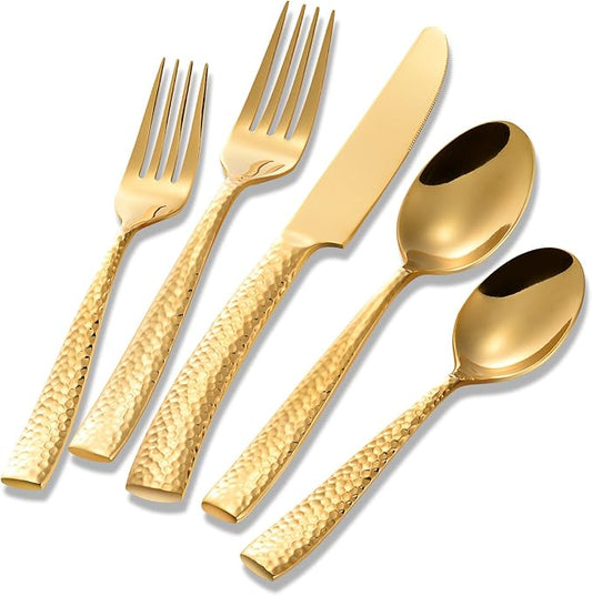 Silverware Set Gold Hammered Pattern Flatware Cutlery Stainless Steel Mirror Polished Utensil 20-Piece Spoons Forks and Knives Dishwasher Safe Service for 4