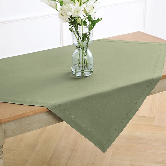 Solino Home Linen Square Tablecloth 52 x 52 Inch - 100% Pure Linen Oil Green Table Throw - Fete, Machine Washable Table Cloth for New Year