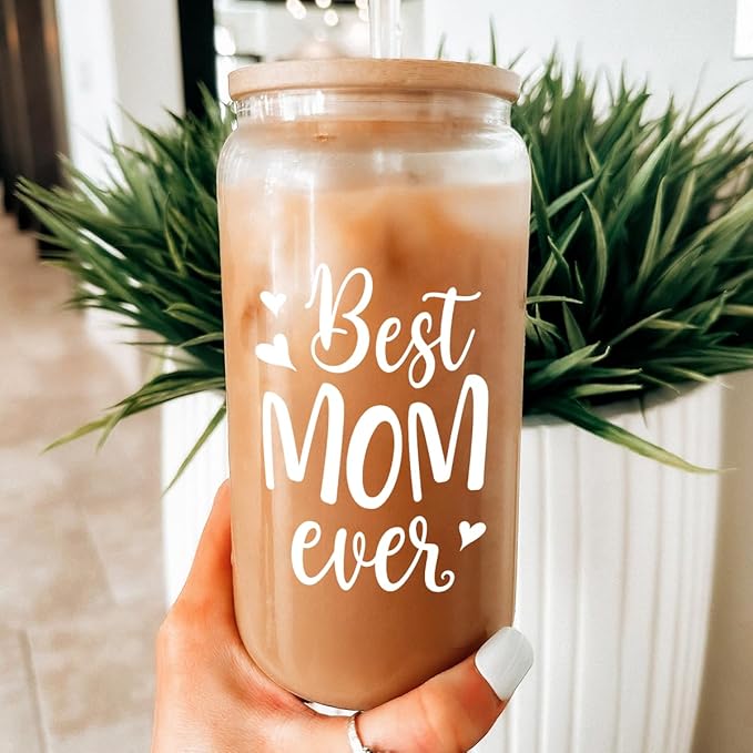 SANDJEST Gifts for Mom from Daughter Son - Mom 16 Oz Can Glass Coffee Cup with Bamboo Lid & Straw - Mothers Gift for Women on Birthday Mothers Day Valentines