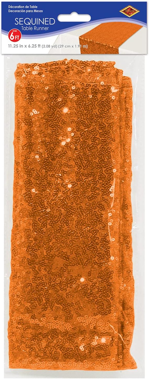 Beistle Sequined Fabric Table Runner Wedding Decorations, Birthday Party, Reception, Baby Shower, Graduation, Halloween, Holiday Celebrations, 11.25" x 75", Orange