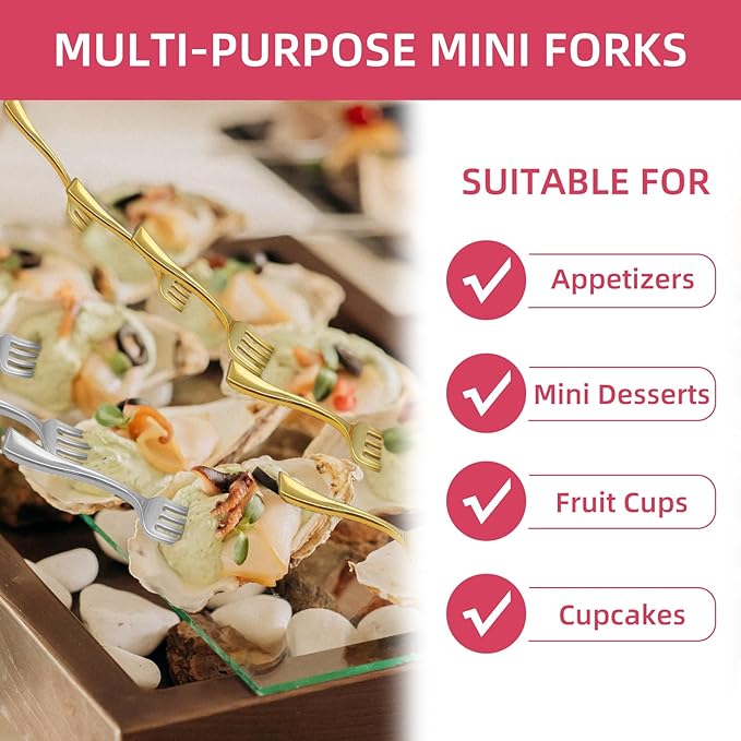 100 PCS Gold and Silver Mini Forks Heavy Duty, 4 inch Gold and Silver Plastic Fork, Mini Forks for Appetizers, Dessert Fork Disposable, BPA Free, Food Safe, Suitable for All Occasions