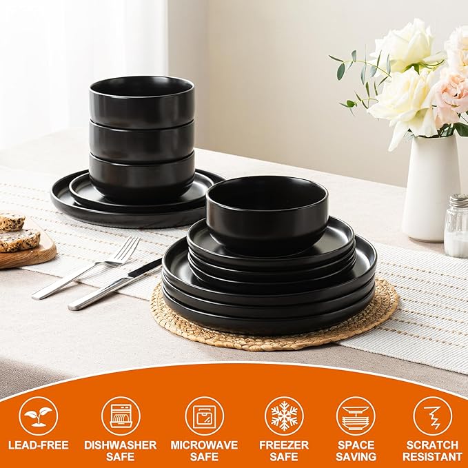 EWFEN Plates and Bowls Sets, Dinnerware Sets for 4, 12 Pieces Scratch Resistant Dishware Dishes Set, Ceramic Kitchen Dinner Set, Porcelain & Microwave and Dishwasher Safe, Black