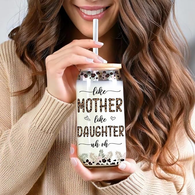 Like Mother Like Daughter Iced Coffee Cups With Lids, Mothers Day Birthday Gifts For Best Mom Ever, Glass Coffee Cups, Mom Daughter Gift, Mother in Law Gifts for Women