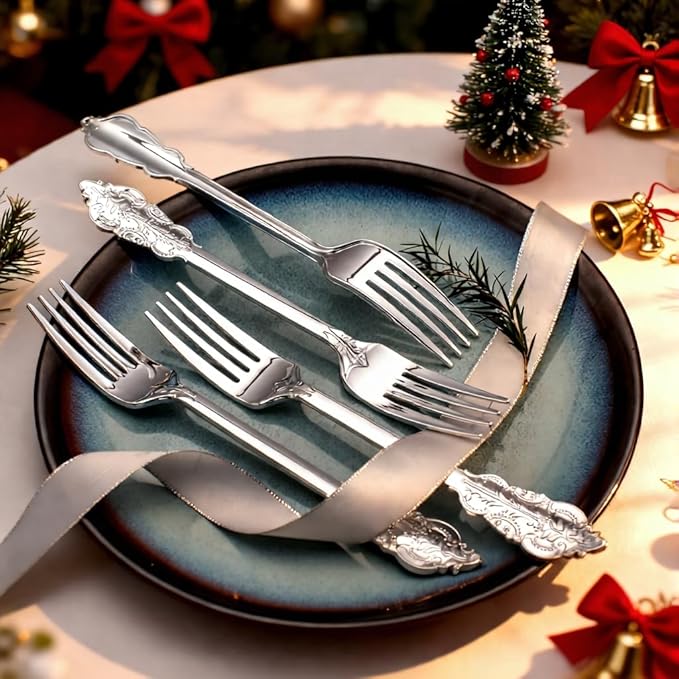 WDF 100 Piece Silver Forks Disposable - 7.48 Inch Silver Plastic Forks - Baroque Silverware for Dessert Cake - Heavy Duty Plastic Fork for Christmas Party, Wedding or Daily Using