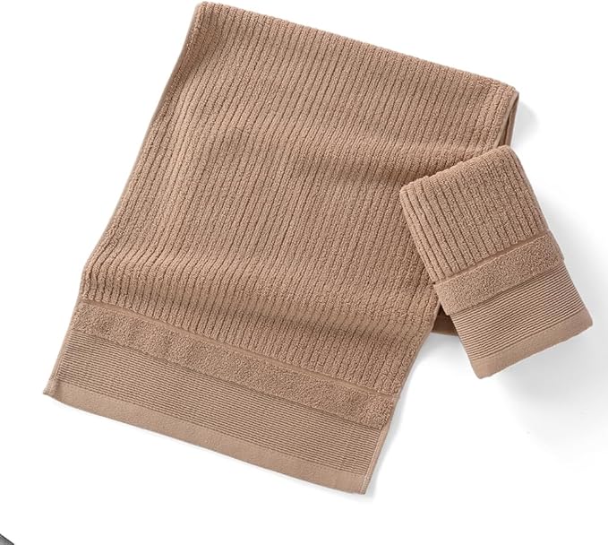 sense gnosis Khaki Hand Towel Soft Ribbed Striped Pattern 100% Cotton Absorbent Luxury Decorative Towel for Bathroom 13 x 29 Inch, 2 Pieces