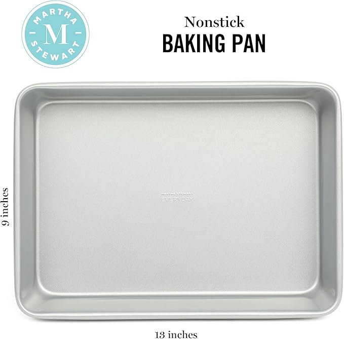 Martha Stewart Gallen 13 x 9 Inch Rectangular Nonstick Carbon Steel Cake and Baking Pan - Durable Silver Bakeware for Cakes, Brownies, and Roasting