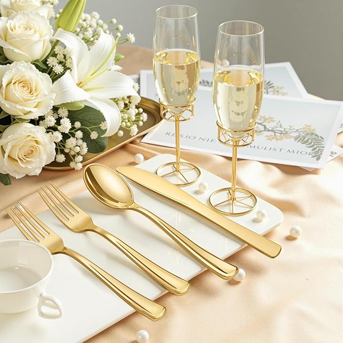 NOCCUR 400PCS Gold Plastic Silverware - Gold Plastic Cutlery Include 200 Forks, 100 Spoons, 100 Knives, Disposable Silverware Perfect for Party&Daily Using