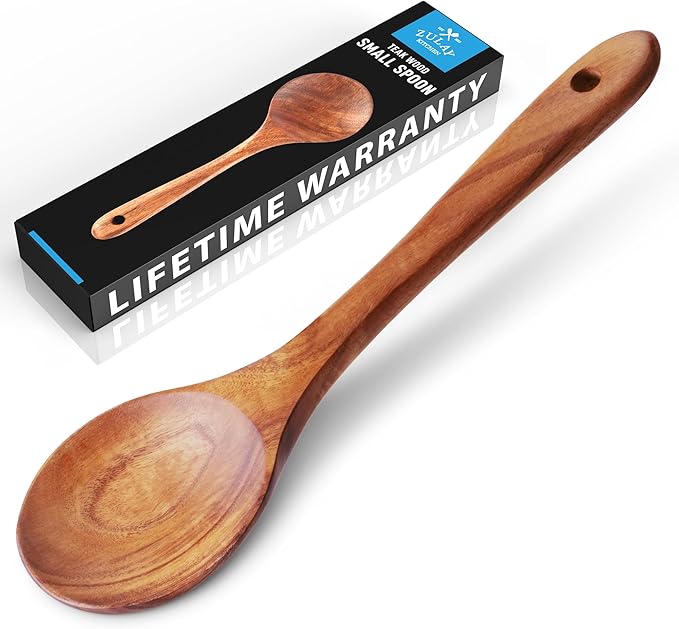 Zulay Kitchen 9.4" Teak Wooden Cooking Spoon – Durable, Non-Stick Wooden Utensil for Cooking, Stirring, Mixing & Serving – Heat-Resistant, Smooth Finish Kitchen Spoon for Nonstick Cookware