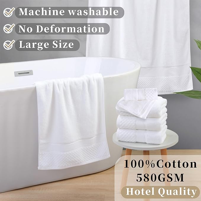 Durable Towel Set for Bathroom, Set of 8（2PC Bath 31"x62",2PC Hand 18"X30",4PC Wash 12"X12") - 100% Cotton | Thick 560GSM | Quick Dry | Soft | Absorbent, Luxury Hotel Towels for Shower, White