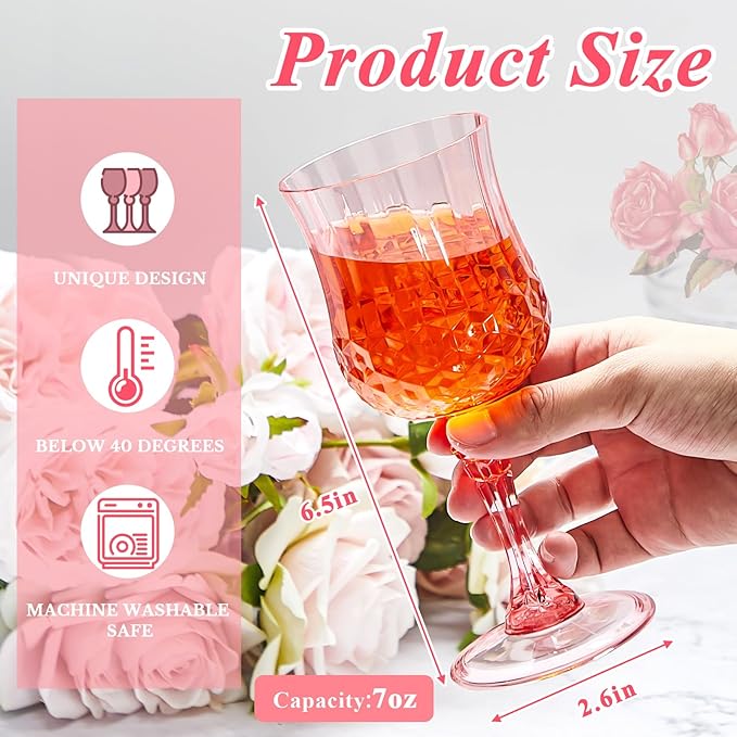 Pinkunn 6 Pcs 7 oz Plastic Vintage Wine Glasses Reusable Colored Goblets Patterned Drinking Water Glasses Cup Dishwasher Safe for Christmas Wedding Reception Party Supplies (Pink)