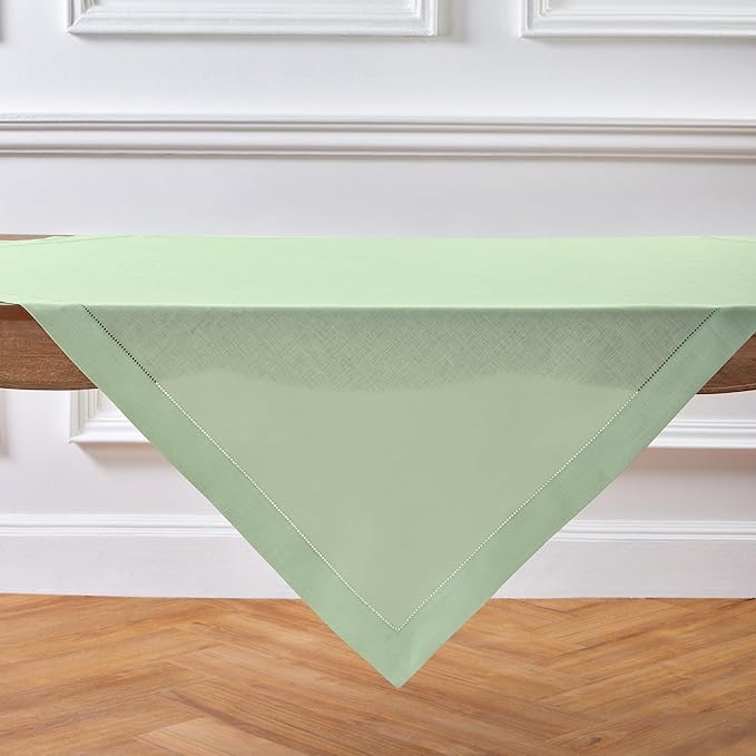 Solino Home Linen Tablecloth 52 x 52 Inch - 100% Pure Linen Light Green Square Tablecloth - Classic Hemstitch, Machine Washable Table Throw