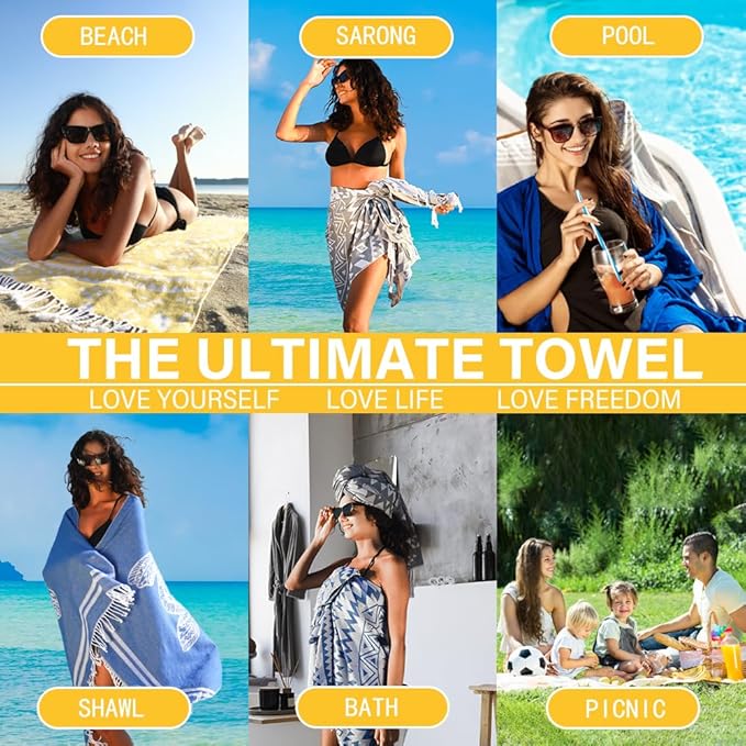 2 Pack Turkish Beach Towel Quick Dry Absorbent Cotton Lightweight Thin Bathroom Bath Pool Swim Towels Extra Large Oversized Sand Free Beach Accessories Essentials Stuff Cloud Adults Gift