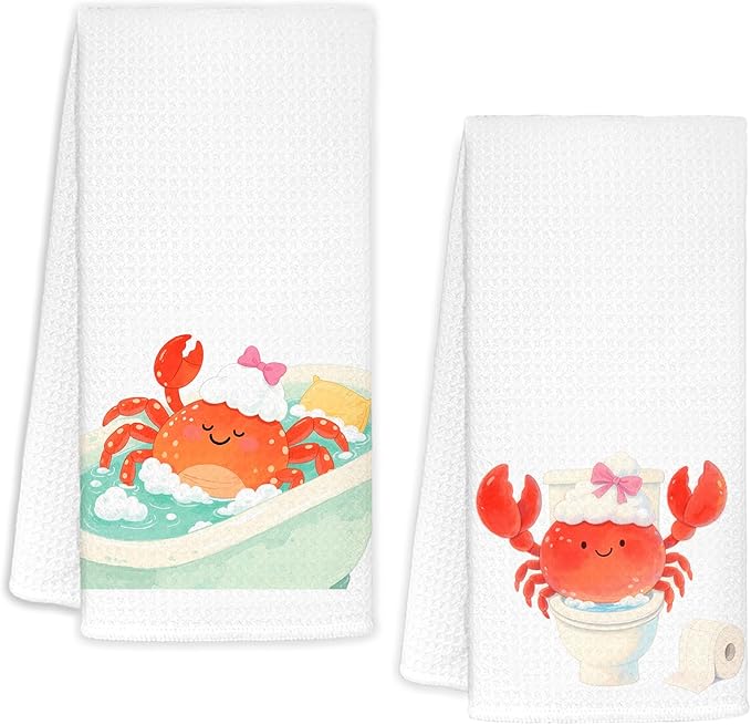 Crab Bathroom Hand Towels Set of 2, Kids Bathroom Decor, Coastal Beach Coquette Bow Crab Decorative Funny Hand Towels for Kids Bath Room Washroom Toilet, 16x24 Inch