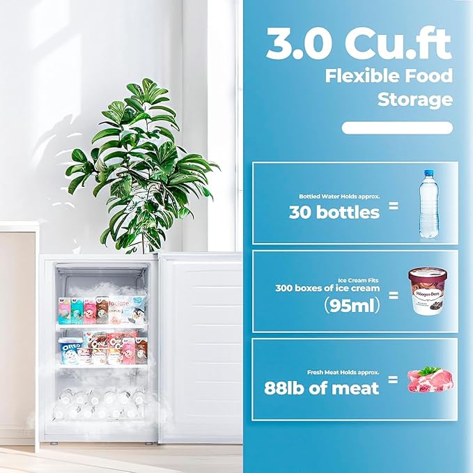 3.0 Cu.ft Upright Freezer, Small Mini Freezer with Adjustable Thermostat, Removable Shelves, Reversible Single Door, for Bedroom/Home/Dorms/Apartment, White