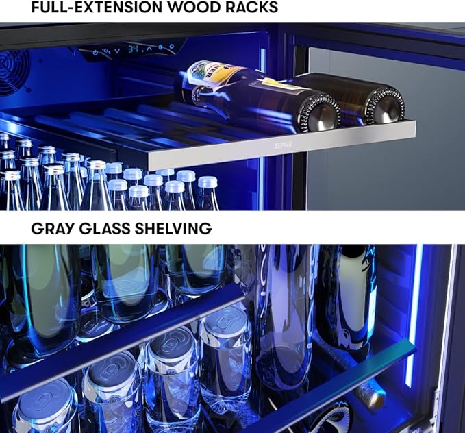 Zephyr 24" Wine Fridge & Beverage Refrigerator Single Zone Under Counter - Mini Wine Cooler Cellars Small Beer Cabinet Drink Chiller Freestanding with French Glass Door Black, 7 Bottles, 112 Cans