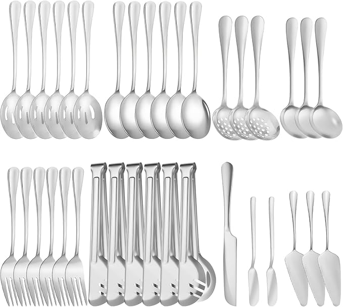 36-Piece Stainless Steel Serving Utensil Set – Complete Buffet Essentials with Spoons, Forks, Tongs, Ladle & More. Perfect for Wedding, Holiday, Catering, and Family Gatherings(Silver)