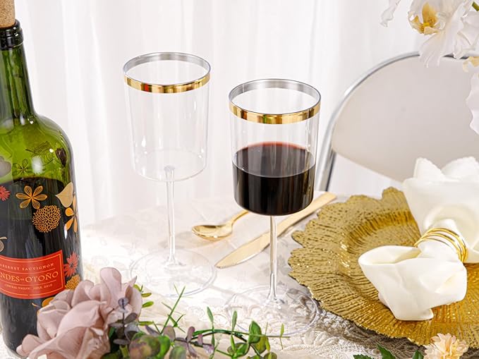 Ciaell 12 Pack Plastic Wine Glasses - 14 Oz Plastic Wine Glasses with Stem - Square Gold Disposable Stemmed Glass for Parties & Weddings & Outdoors & Christmas & New Year