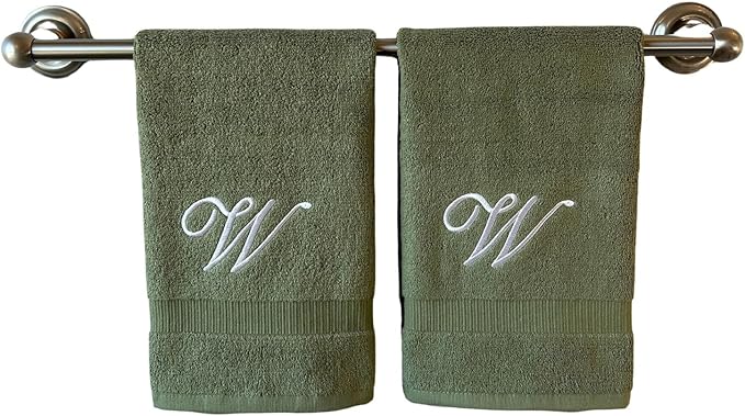 Sage Monogrammed Hand Towels for Bathroom - Luxury Hotel Quality Personalized Initial Embroidered Towel for Powder Room, Spa - GOTS Organic Certified - Set of 2 White Letter W