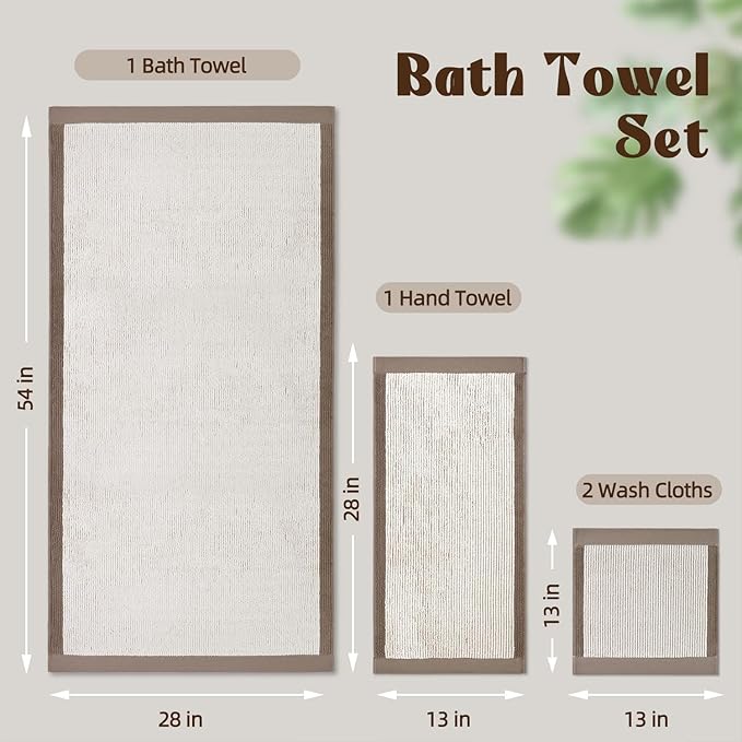 Cleanbear Bathroom Towels Set 4 Piece, 100% Cotton, Ultra Soft, Absorbent and Quick Dry Towel Set, 1 Bath, 1 Hand, 2 Washcloths, Light Beige with Brown Border, Suitable for Men and Women